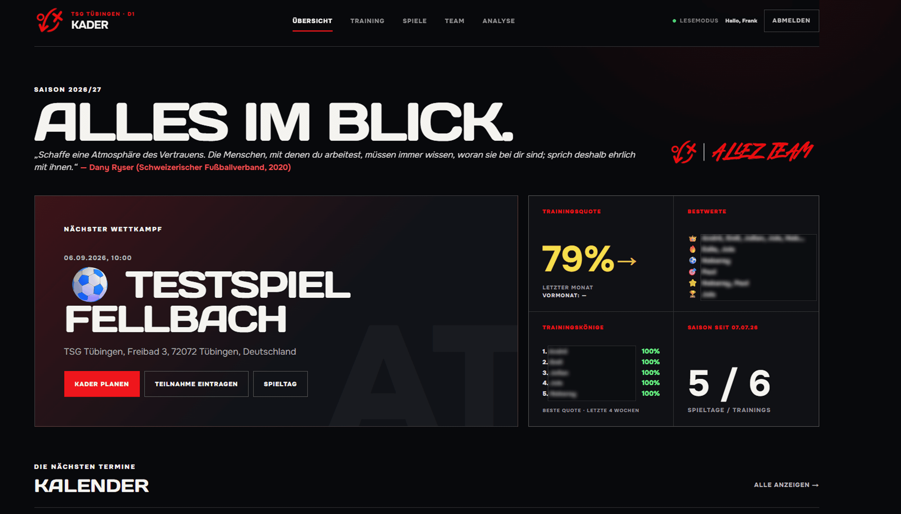 Übersicht mit nächstem Wettkampf und Spieltagsaktionen